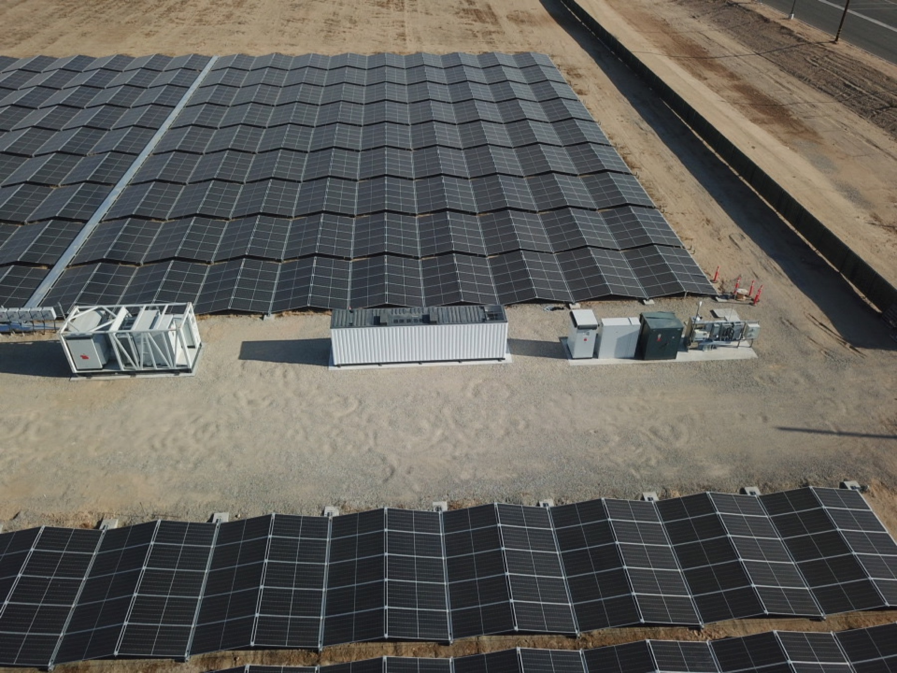 Solar arrays and electrical infrastructure at the Bakersfield project.